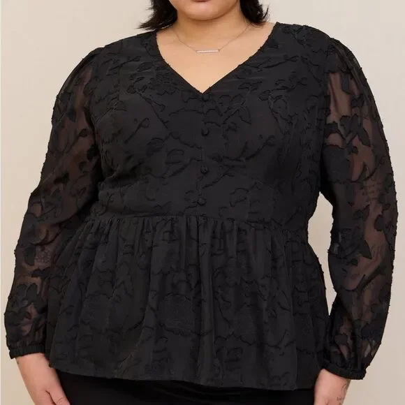 Torrid - Peplum Chiffon Clip Floral Blouson Sleeve Top - Picture 4 of 8